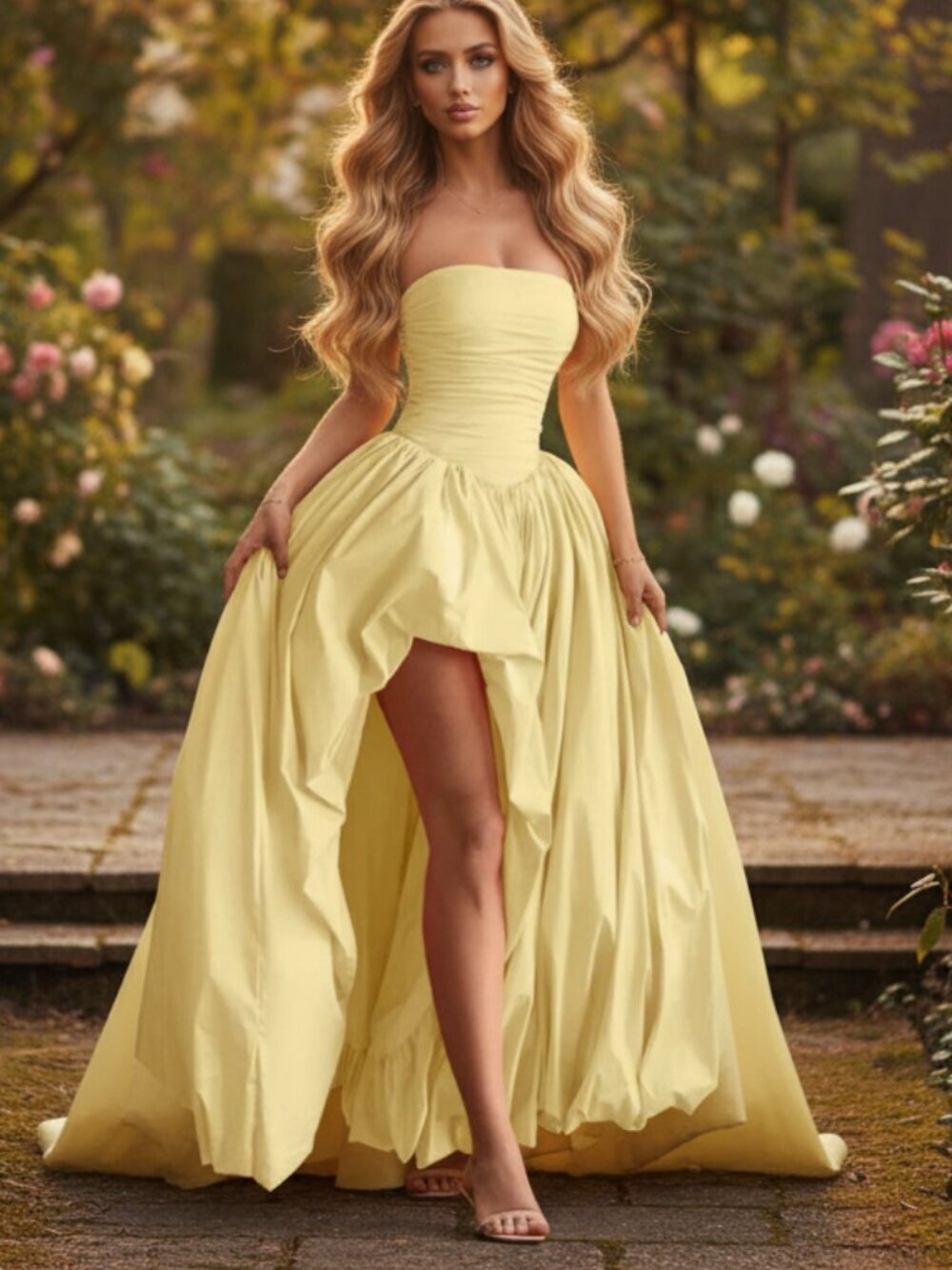Yellow Elegant Women's Sexy Asymmetrical Hem Strapless Party Dress